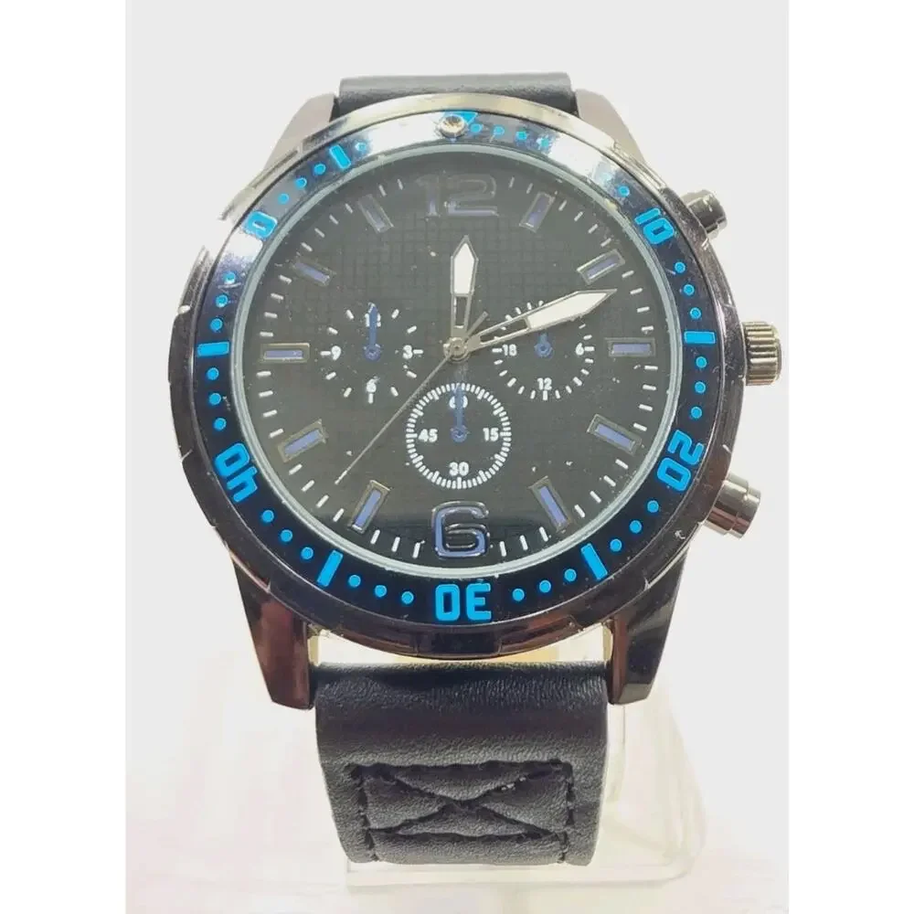 Men’s Blue Accent Watch W/ Black Dial, Black Vegan Leather Band New Battery W271